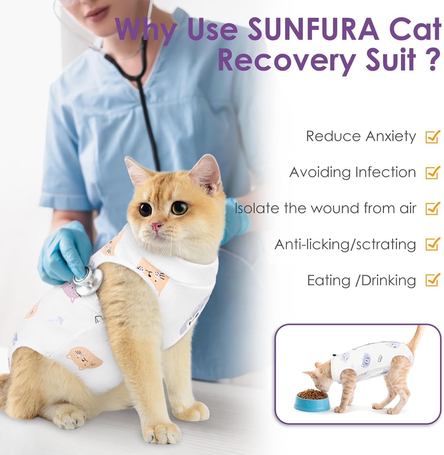 SUNFURA Cat Recovery Suit, Kitten Surgical Full Bodysuit for Abdominal Wound Protector Anti Licking After Surgery, Professional Bandages Cone E-Collar Alternative for Small Male & Female Pets