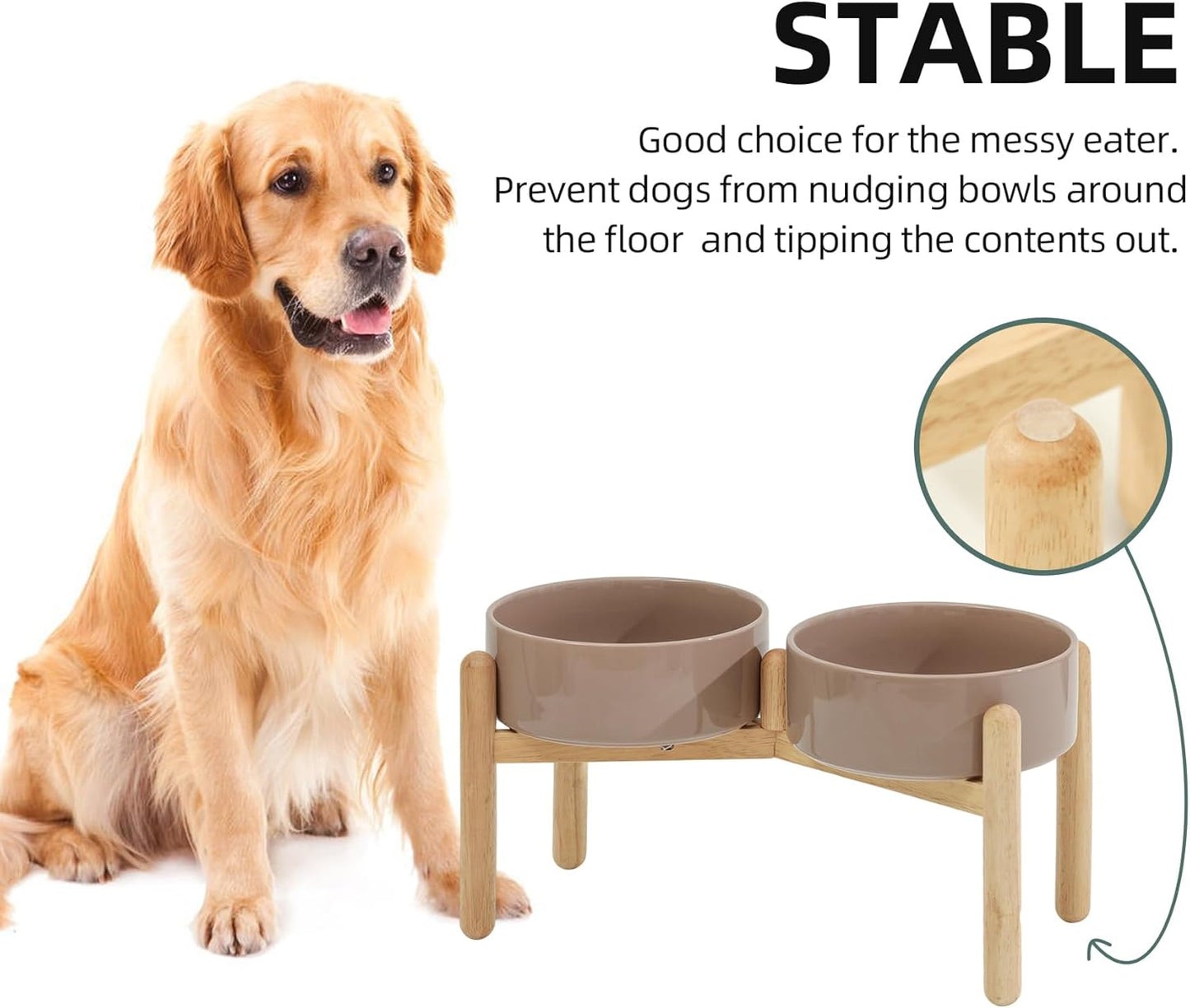 Ceramic 8.2inch Raised Dog Bowl with Stand for Large- Breed Dogs, Pet Food and Water Feeder (Double Bowl with Stand - Brown Coffee)