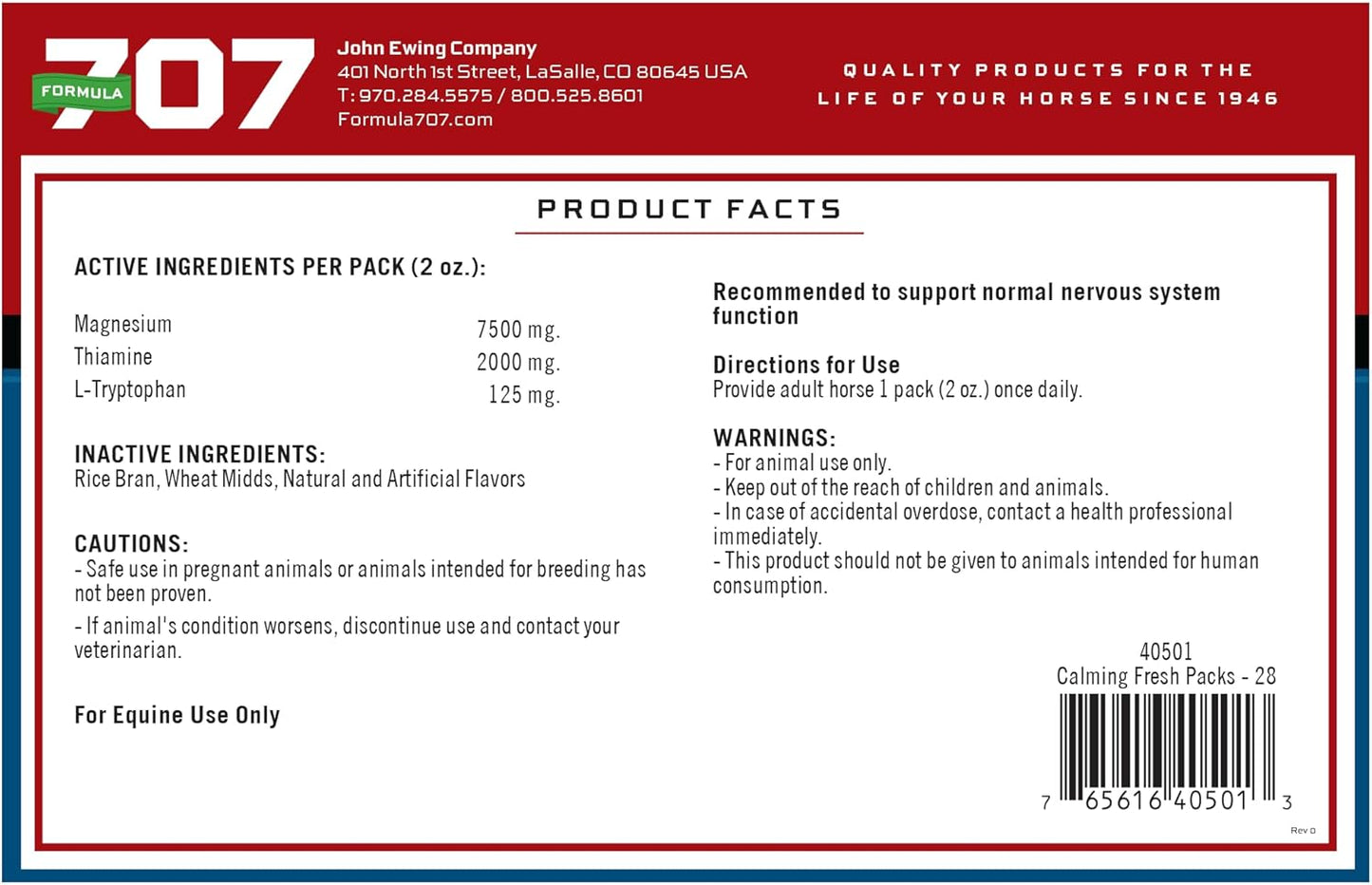 Formula 707 Calming Equine Supplement, Daily Fresh Packs – Anxiety Relief and Enhanced Focus for Horses – L-Tryptophan, Thiamine & Magnesium