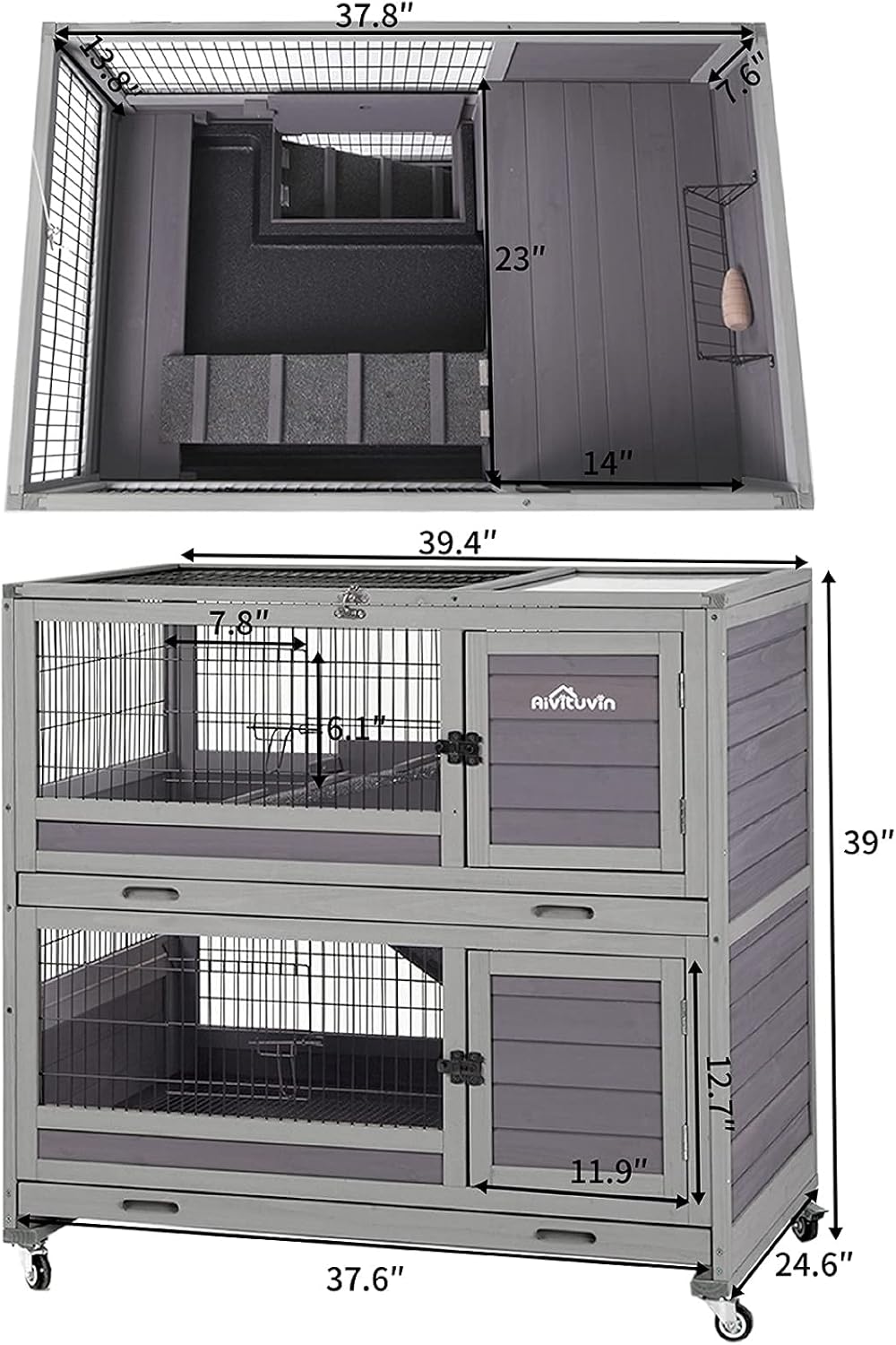 Rabbit Hutch Indoor Outdoor Bunny Hutch Pull Out Tray Guinea Pig Cage with Bottom Wire-Netting, On Wheels (Gery) 39.4" L x 24.6" W x 39" H