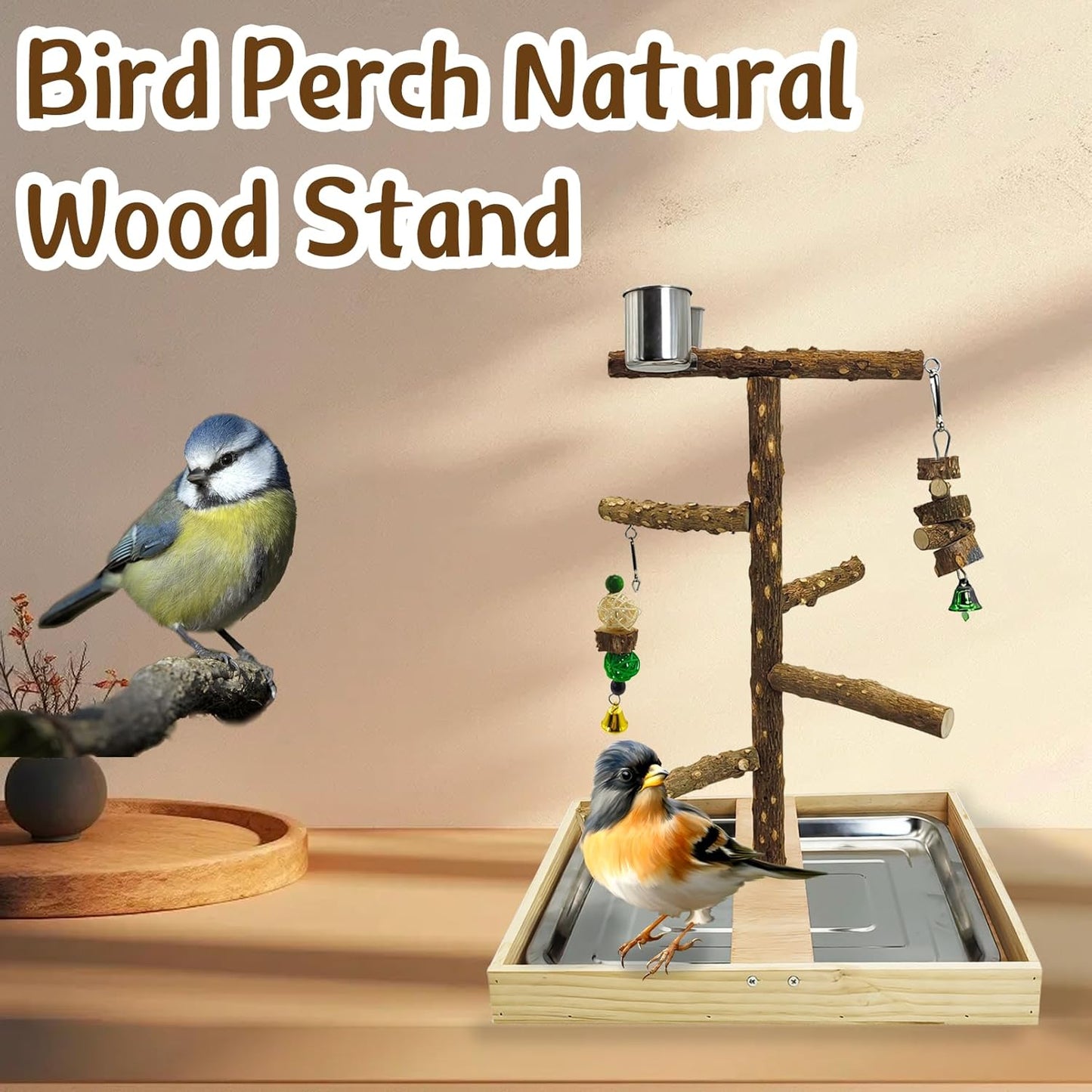 Tfwadmx Bird Perch Natural Wood Stand Toy Parrot Play Stand Platform Bird Cage with Removable Tray and 2 Stainless Steel Cups for Parakeets Canaries Cockatiels Conure Lovebirds