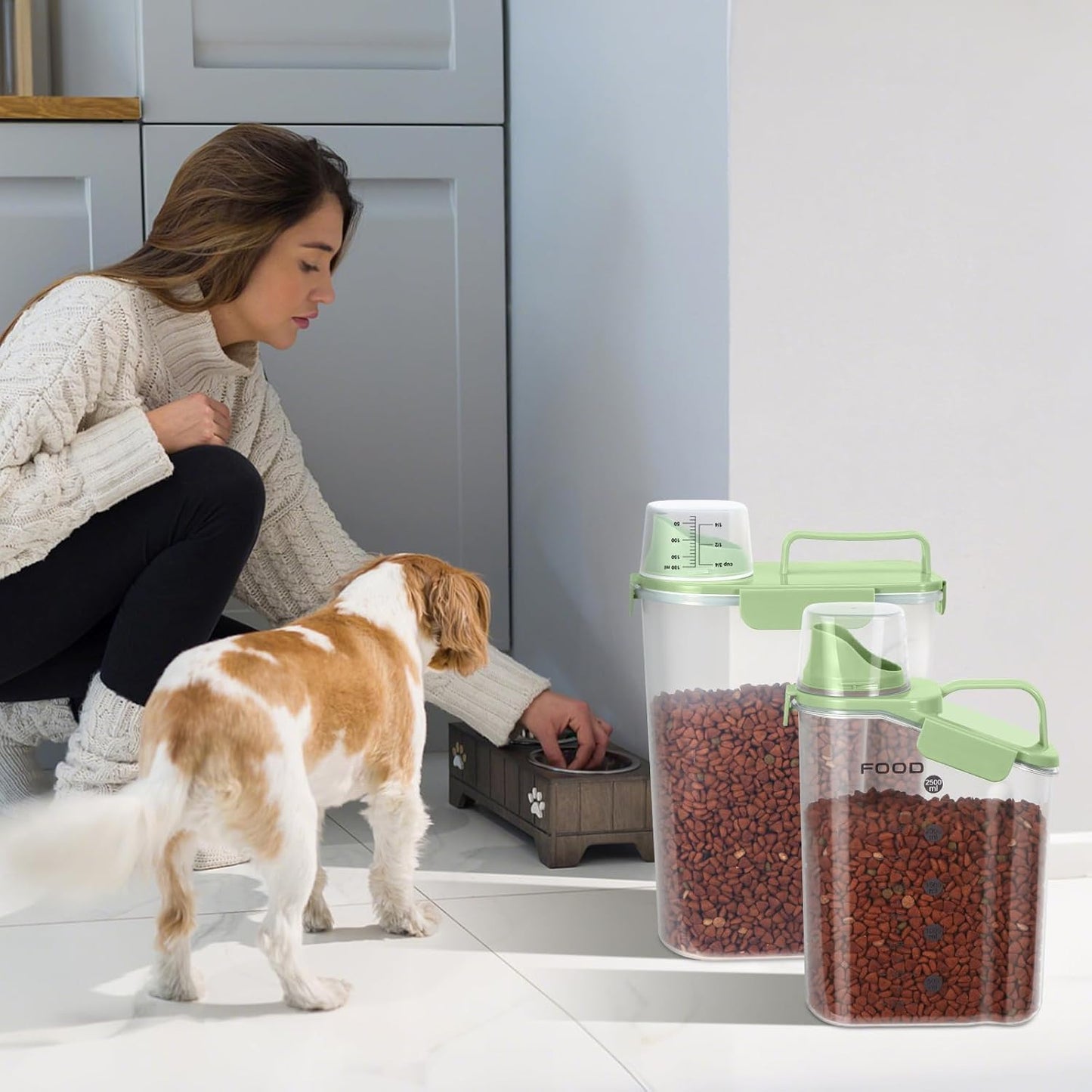 8-12 LBS Cat Dog Pet Food Storage Container, Plastic Dispenser Upgraded Large Nozzle, BPA-free, With Sealed Clasps, Measuring Cup and Handle, Easy to Clean and Carry -2 Packs Leaf Green