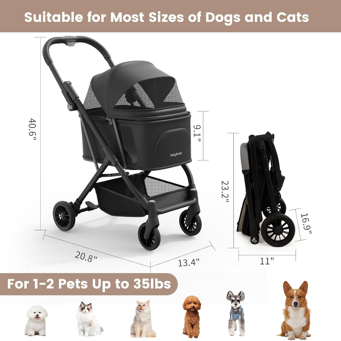 Lightweight Dog Stroller for Small Dogs & Cats Portable Compact Folded Pet Stroller Up to 35lbs Medium Pets One Click Folding Large Cat Carriage with Convertible Canopy Storage Basket-Black