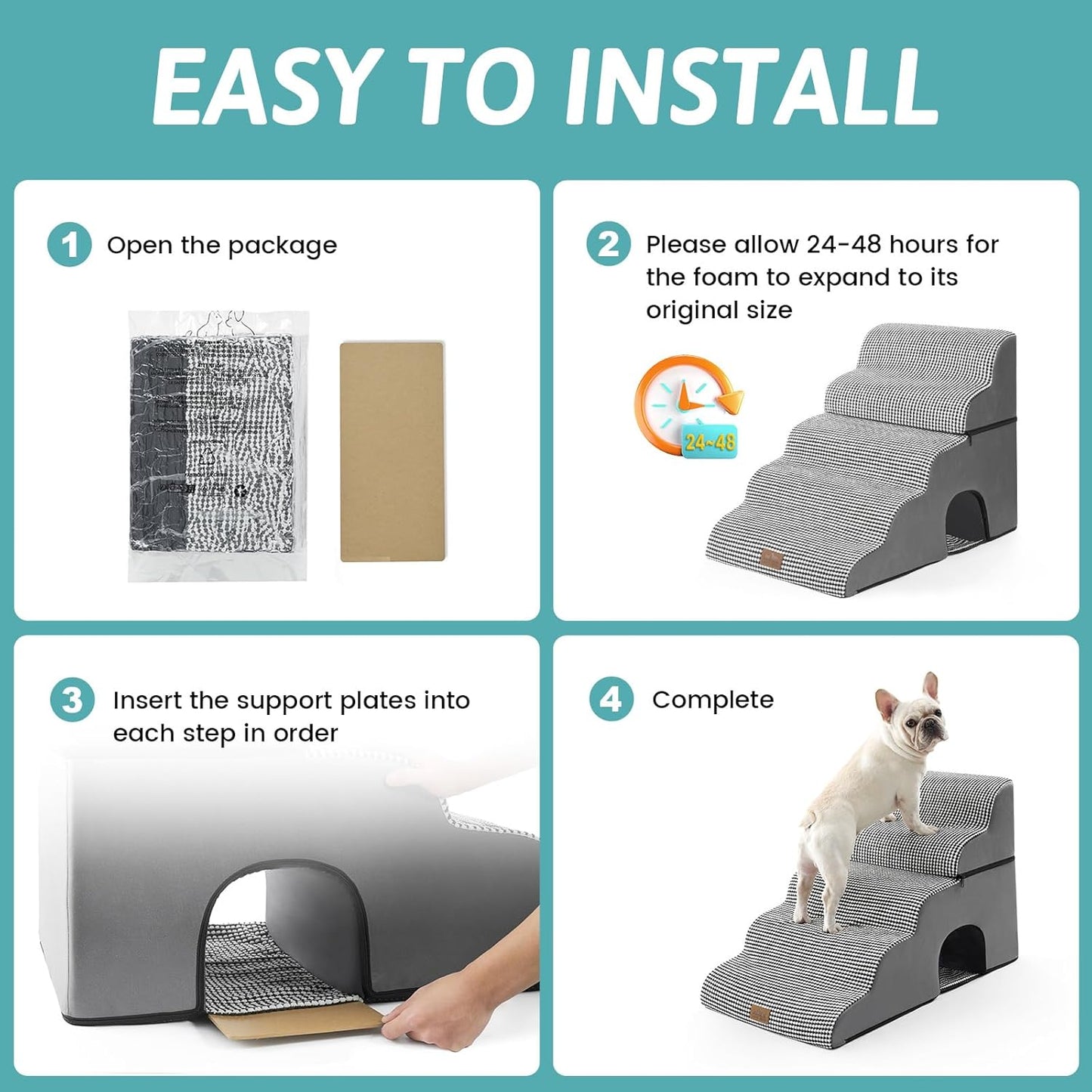 Wide Dog Stairs with Tunnel, Foam Detachable Large Dog Step for Small Pet, Puppy or Cats, Medium Pet Ramp for High Bed, Couch, Sofa or Car, 19.7x33x22.4 inch, 5 Step, White Black