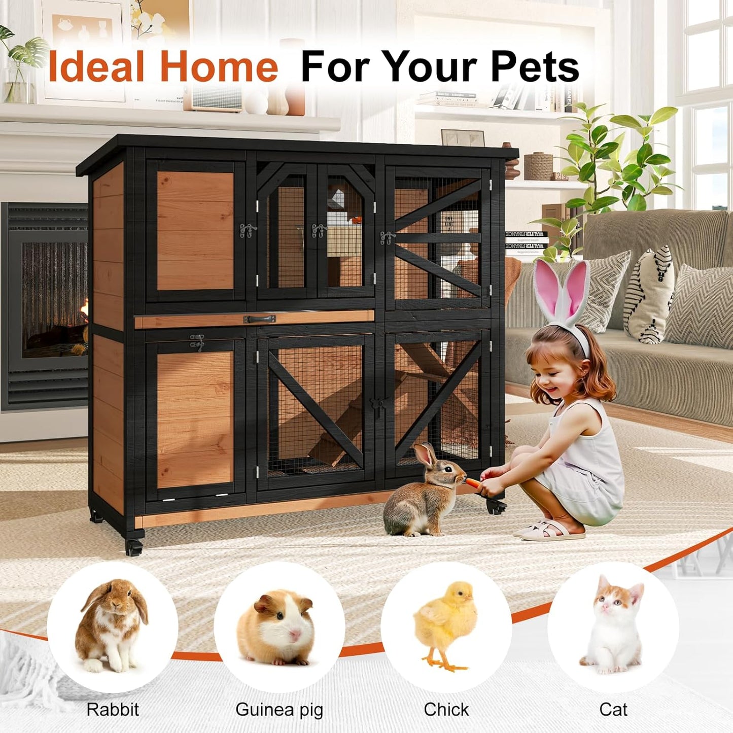 47.3" Two Story Rabbit Cage Bunny Cage Indoor, Wooden Rabbit Hutch Hamster Cages for Small Animals, Outdoor Guinea Pig Cages with Wheels & 2 Removable Trays & Bottom Wire Mesh