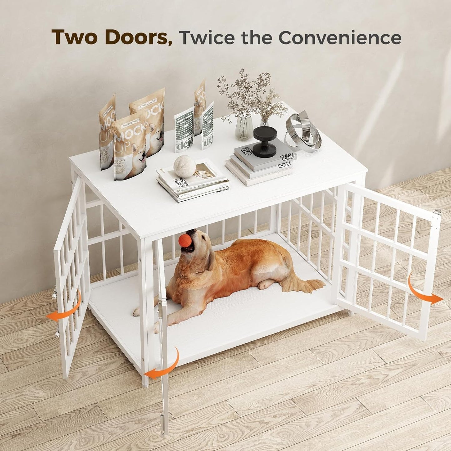 38 Inch Heavy Duty Wooden Dog Kennel End Table with Double Door Design and Secure Locks, Indoor Pet Crate Furniture for Medium Dogs, Decorative Home Cage Design,White