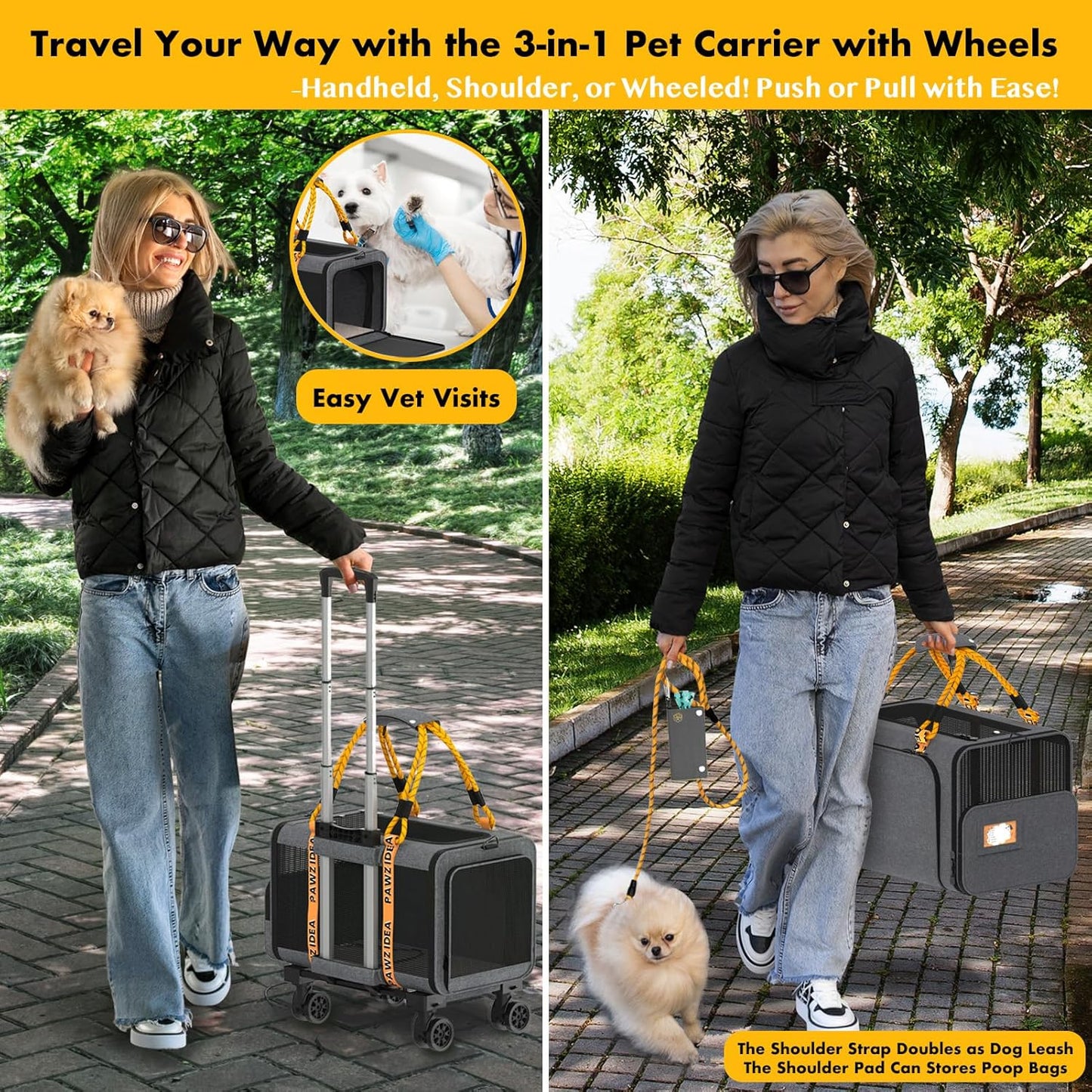 PAWZIDEA Pet Carrier with Wheels, 18x11x11 TSA Airline Approved Cat Carrier for 2 Cats Under Seat, Expandable Soft-Sided Dog Carrier for Small Dogs Rolling Travel Bag with Telescopic Handle, ID Card