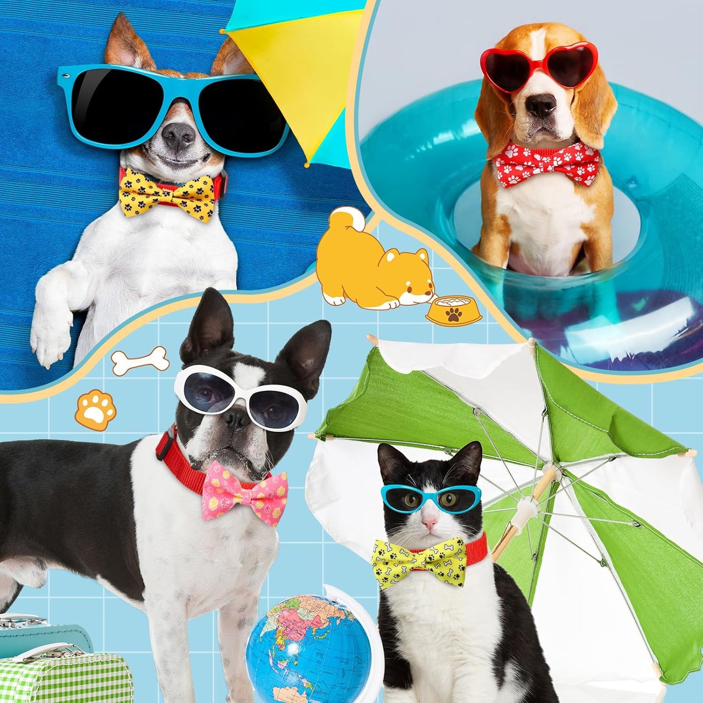 Hillban 50 Pieces Paw Print Dog Collar Bow Ties Colorful Paw Print Dog Collar Accessories Bow Ties Attachment with Elastic Bands Detachable Charms for Pets Collar Accessories Daily Costume