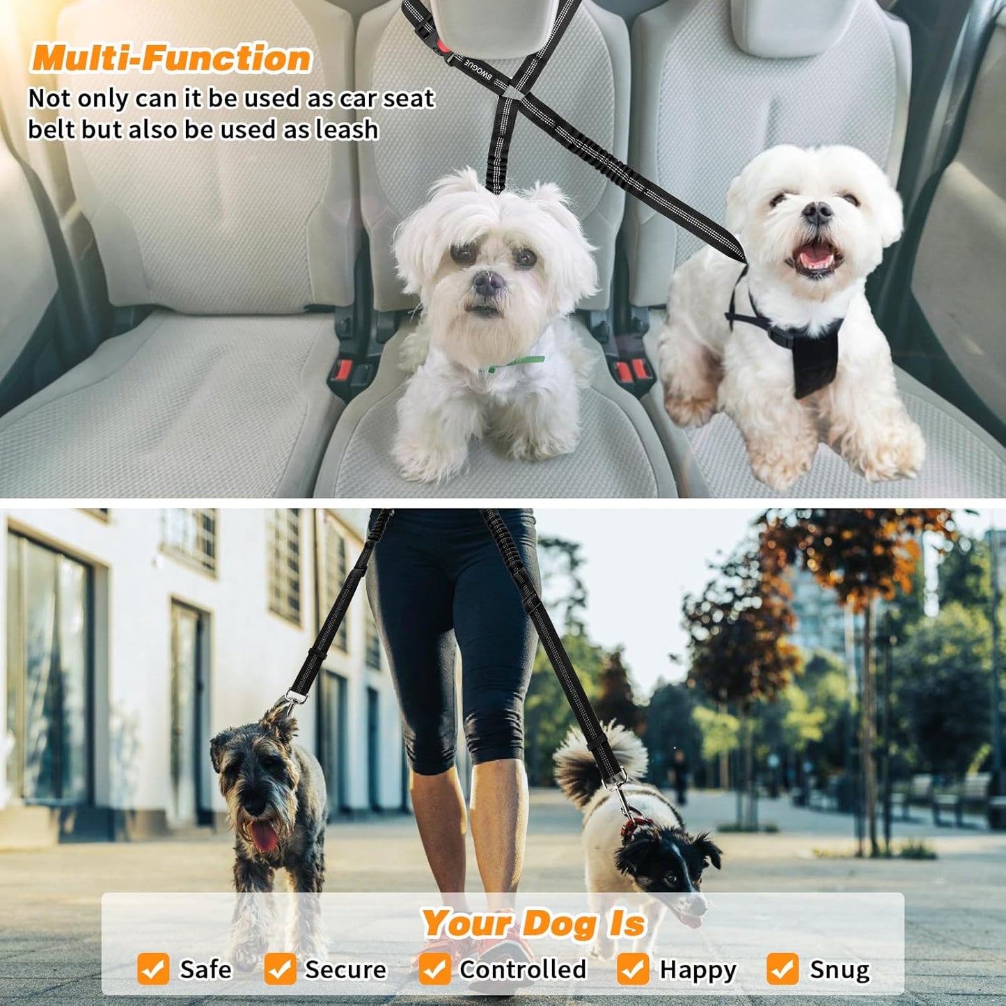 BWOGUE Double Dog Cat Seat Belts, Car Headrest Restraint Adjustable Travel Leash,Safety Elastic Leads Splitter Connect Vehicle Seatbelt Harness for 2 Dogs