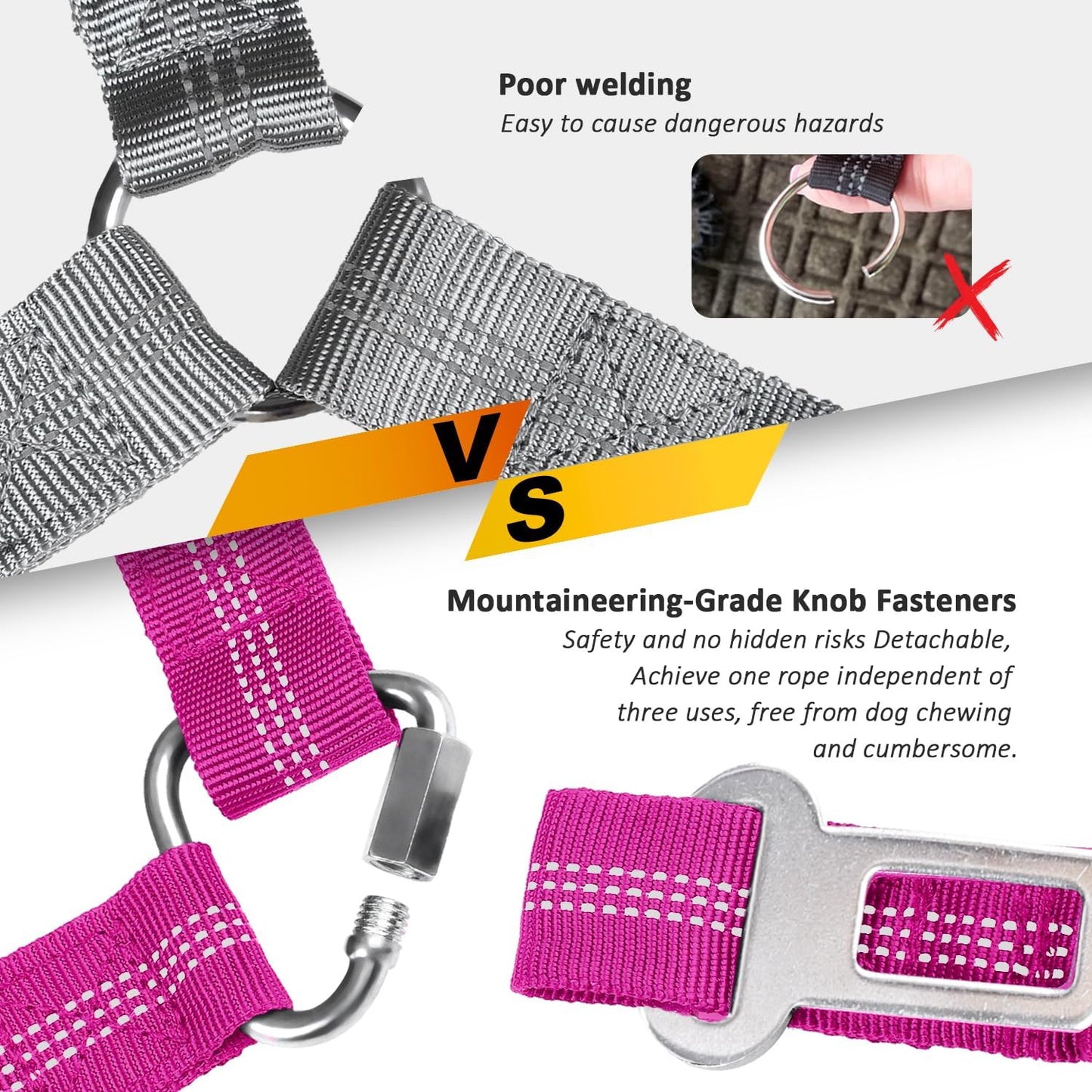 Removable Dog Seat Belt Harness for Car, 3 in 1 Pet Dog Car Seatbelt Leash, Retractable Restraint Secures to Vehicle Headrest & Adjustable Reflective Bungee Dog Seatbelt Tether, Rose and Black