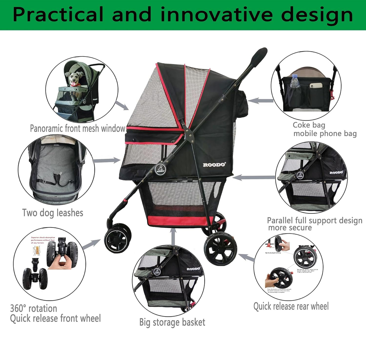ROODO Escort 3 Wheel Dog Cat Pet Stroller for Small/Medium Dogs Cats Best Lightweight Foldable Portable Compact Jogger Travel All Terrain Pet Gear System Puppy Doggie Bunny Kitty Stroller(Black)