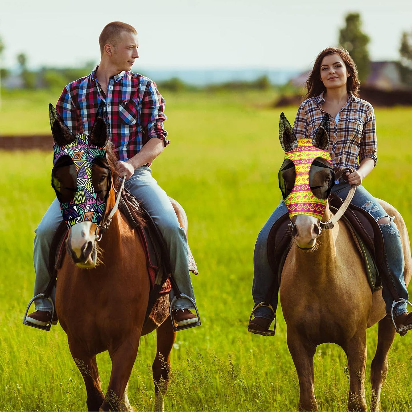 Frienda 4 Pieces Horse Fly Masks with Ears Face Covering UV Protection from Insect Pests Elasticity Smooth Comfortable Mesh Horse Mask Accessories(Geometric,Medium)