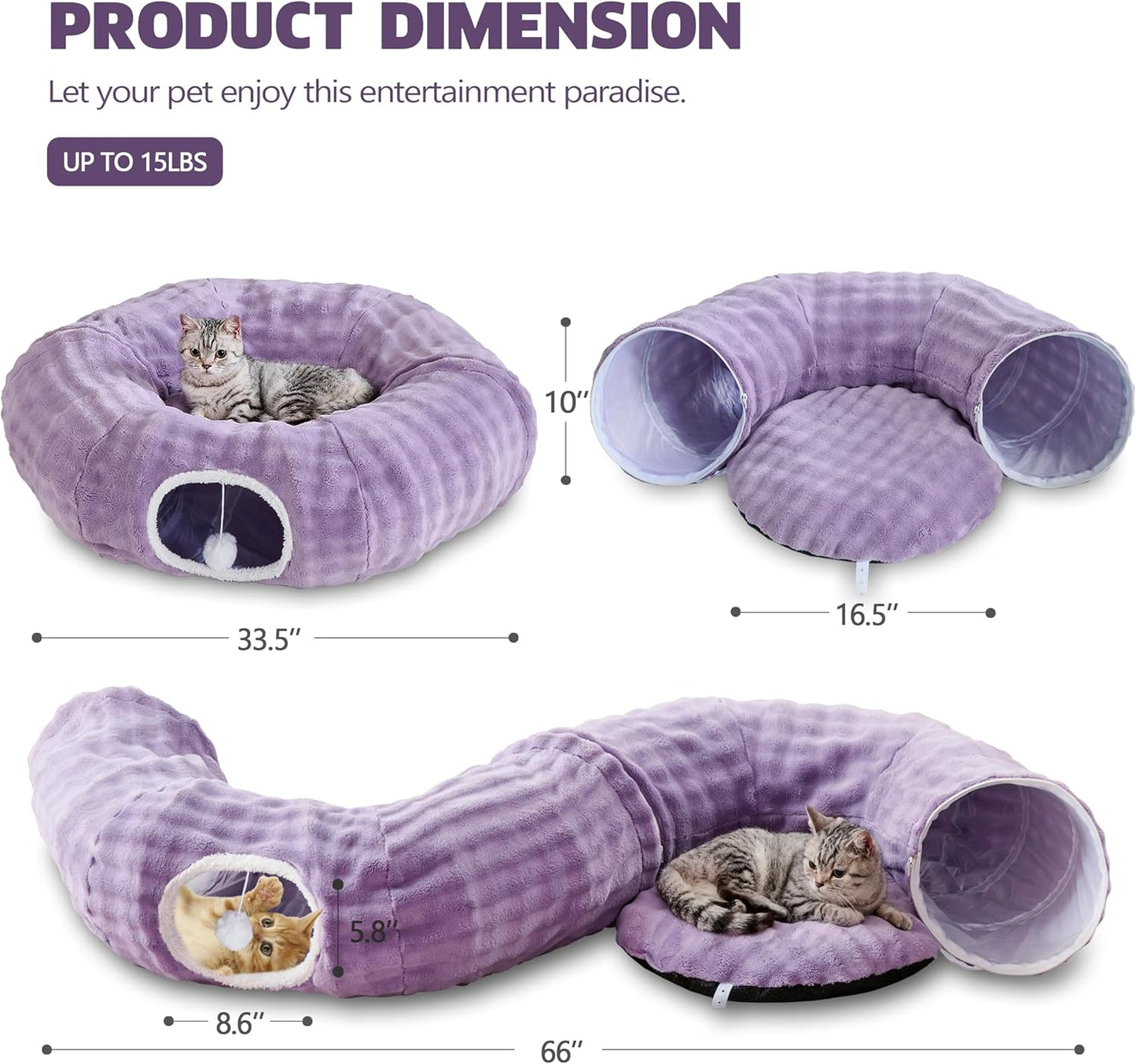 Bubble Cat Tunnel for Indoor Cats, Round Peekaboo Cave Toy with Dangling Balls, Donut Tunnel Bed with Circle Mat for Puppy Kitten Rabbit, Dusty Purple