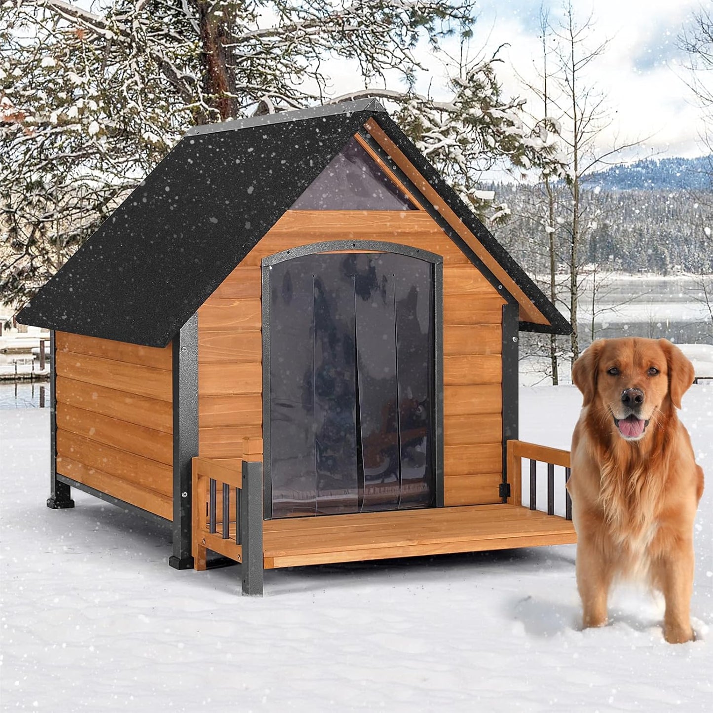 Outdoor Dog House with All-Around Insulated Liner Weatherproof Puppy Shelter Indoor Dog Kennel, Anti-Bite Dog Home for Large Breed with Porch (Brown, 50.8" D x 37.4" W x 37.2" H)