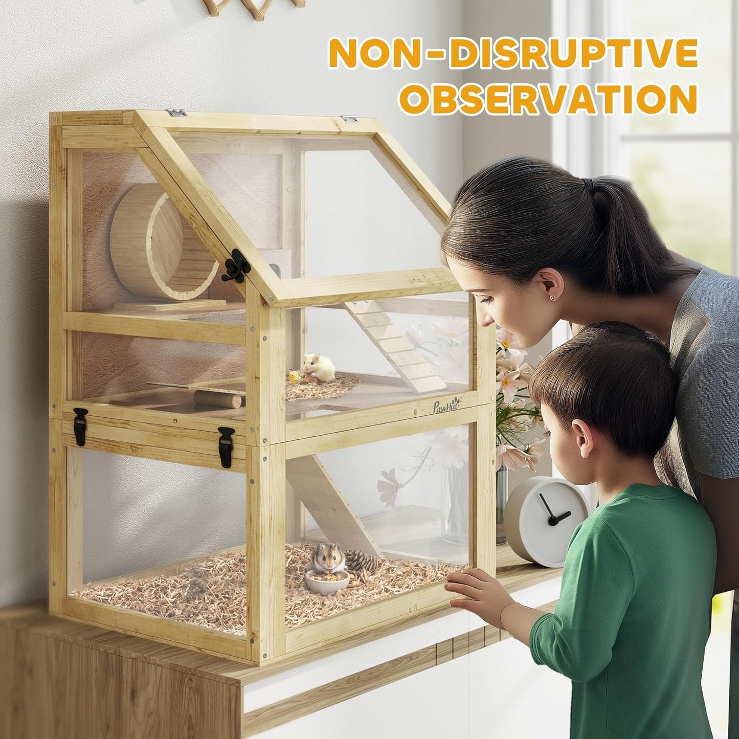 PawHut Wooden Hamster Cage, 3 Tier Small Animal Cage with Detachable 12.6" Deep Bottom, Hut, Seesaw, Exercise Wheel, Ramps, Hamster Habitat for Dwarf, Gerbil, 24" x 16" x 29.5"