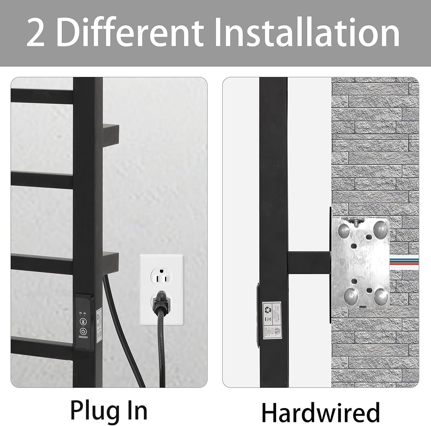 KEG Towel Warmer 4 Bars for Bathroom Wall Mounted Bath Towel Heater Hardwired and Plug-in with Built-in Timer Matte Black