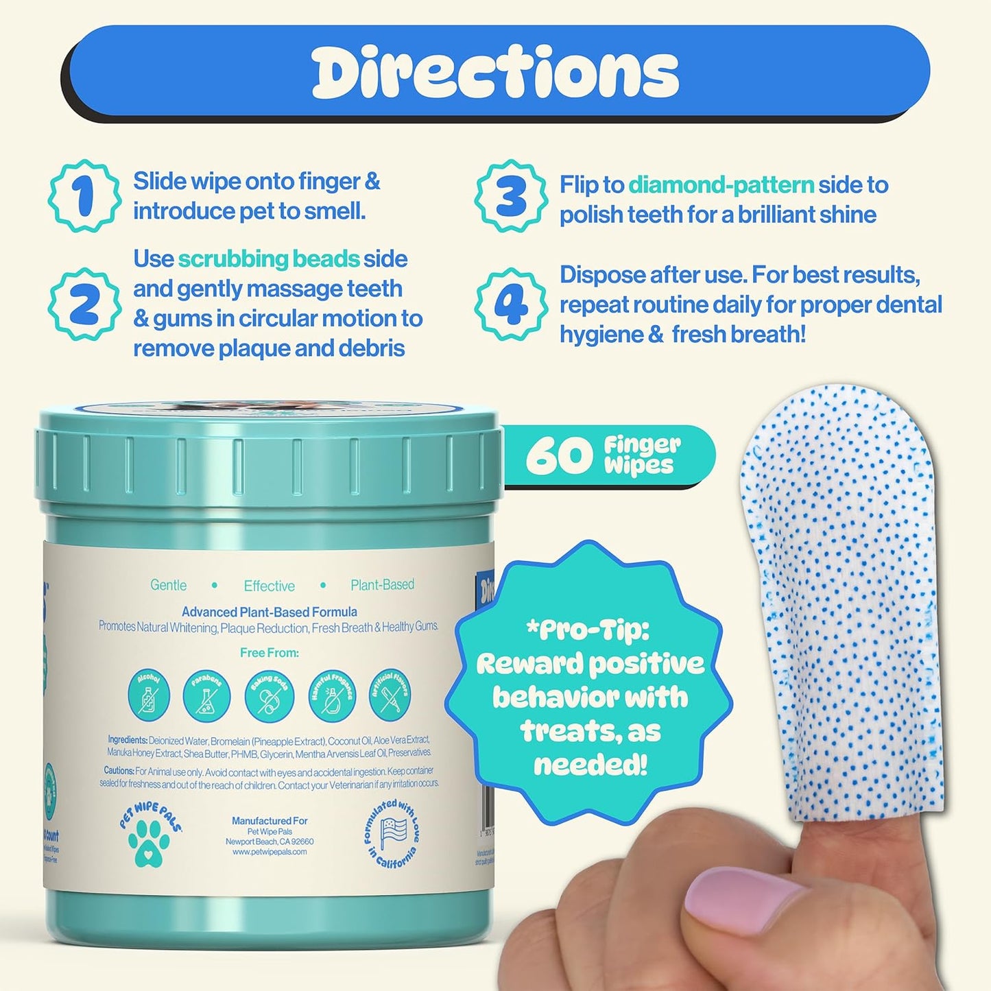 All-in-1 Dog Teeth Cleaning Wipes | Enzymatic Whitening + Micro Scrubbing Beads | No Mess, Pet Dental Wipes & Finger Tooth Brushing Kit | Plant-Based Dental Care for Cats & Dogs (60 Count)