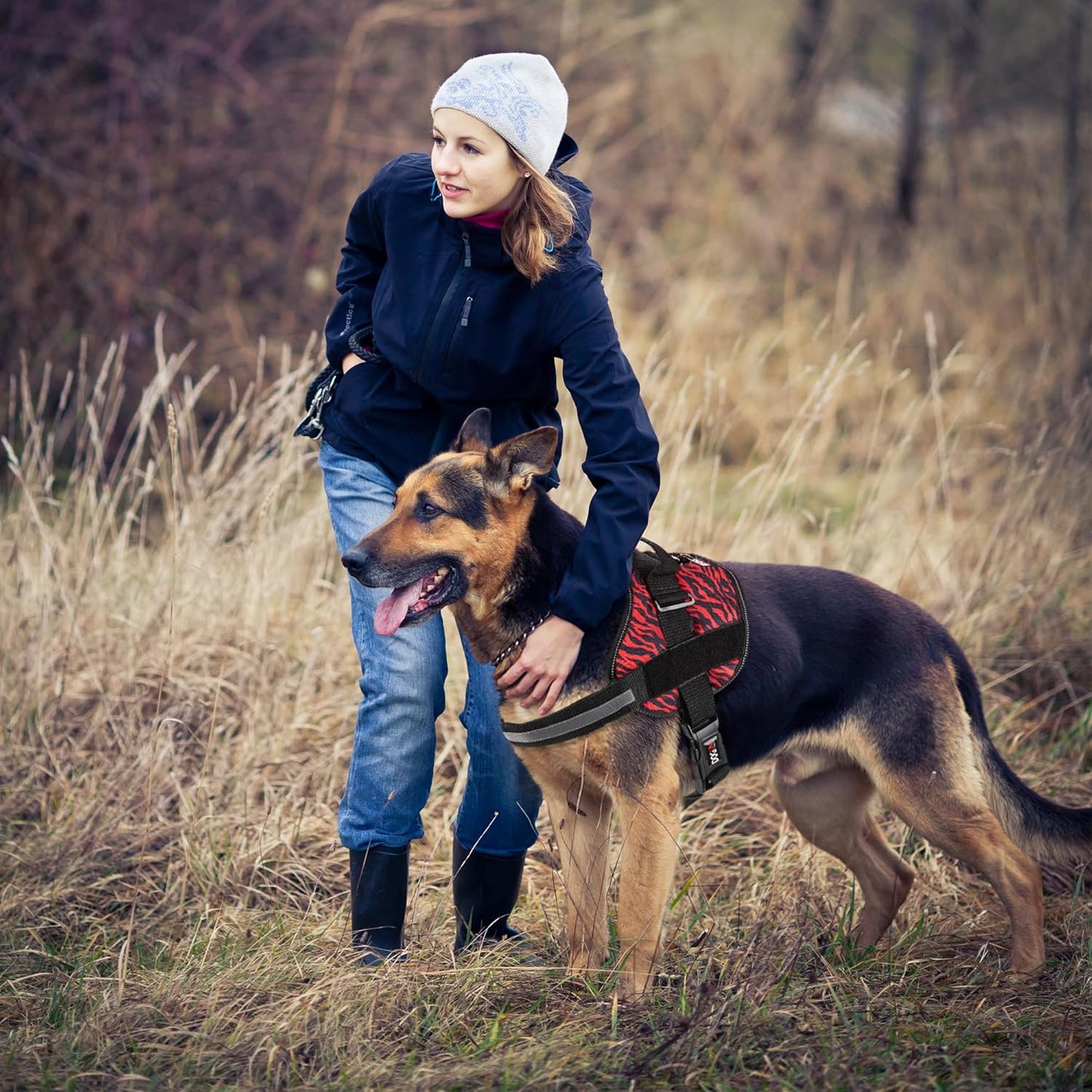 Dogline Dog Harness, Reflective No-Pull Adjustable Vest with Handle for Walking, Training, Breathable, No - Choke Harness for Small, Medium or Large Dogs Room for Patches Zebra Black/Red M 22"-28"