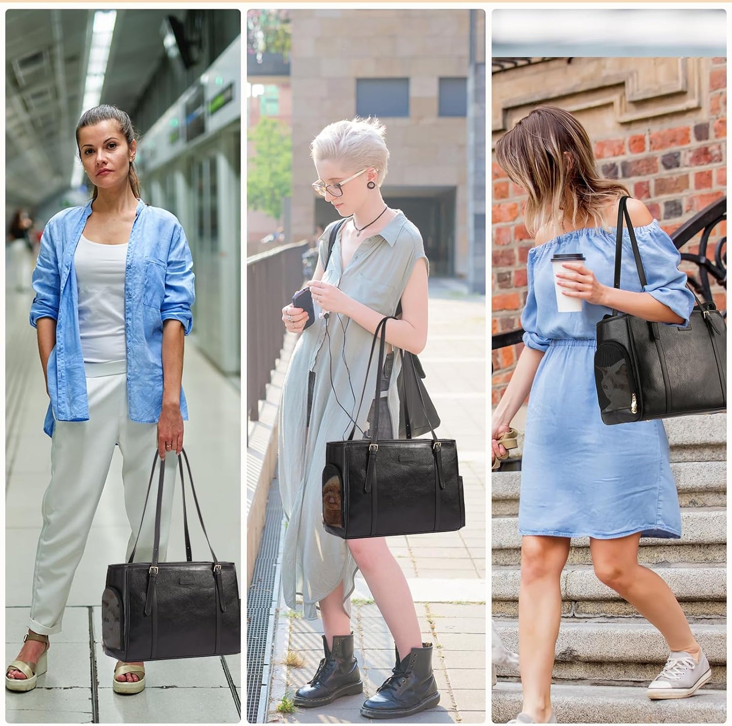 Fashion Dog Purse Pet Carrier Leather Bag for Small Dogs Cats Puppy, Portable Tote Bag Airline Approved Soft-Sided Carriers (Black)