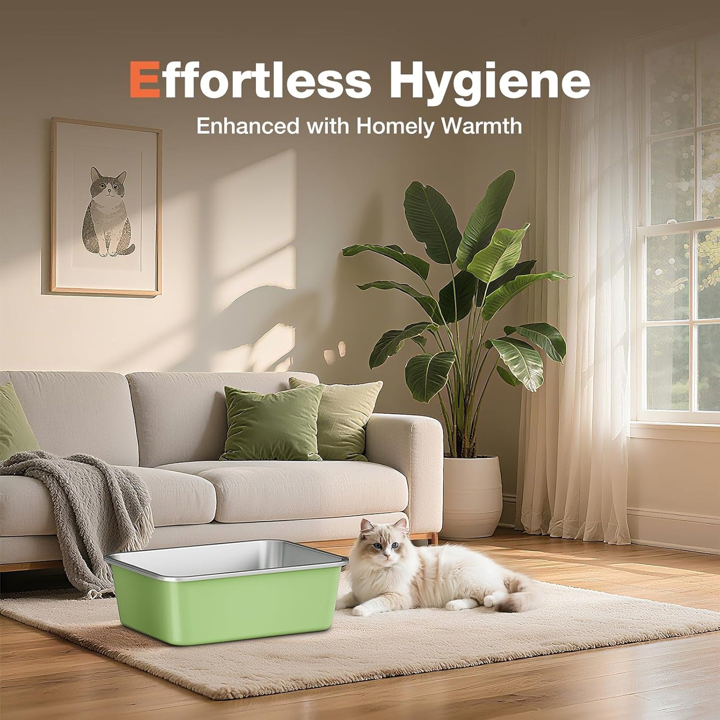 Stainless Steel Litter Box, Large Metal Cat Litter Box with High Sided for Big and Small Cats, Non-Stick, Easy to Clean, Odor-Free, 19.5" L×13.6" W×3.9" H, Leaf Green