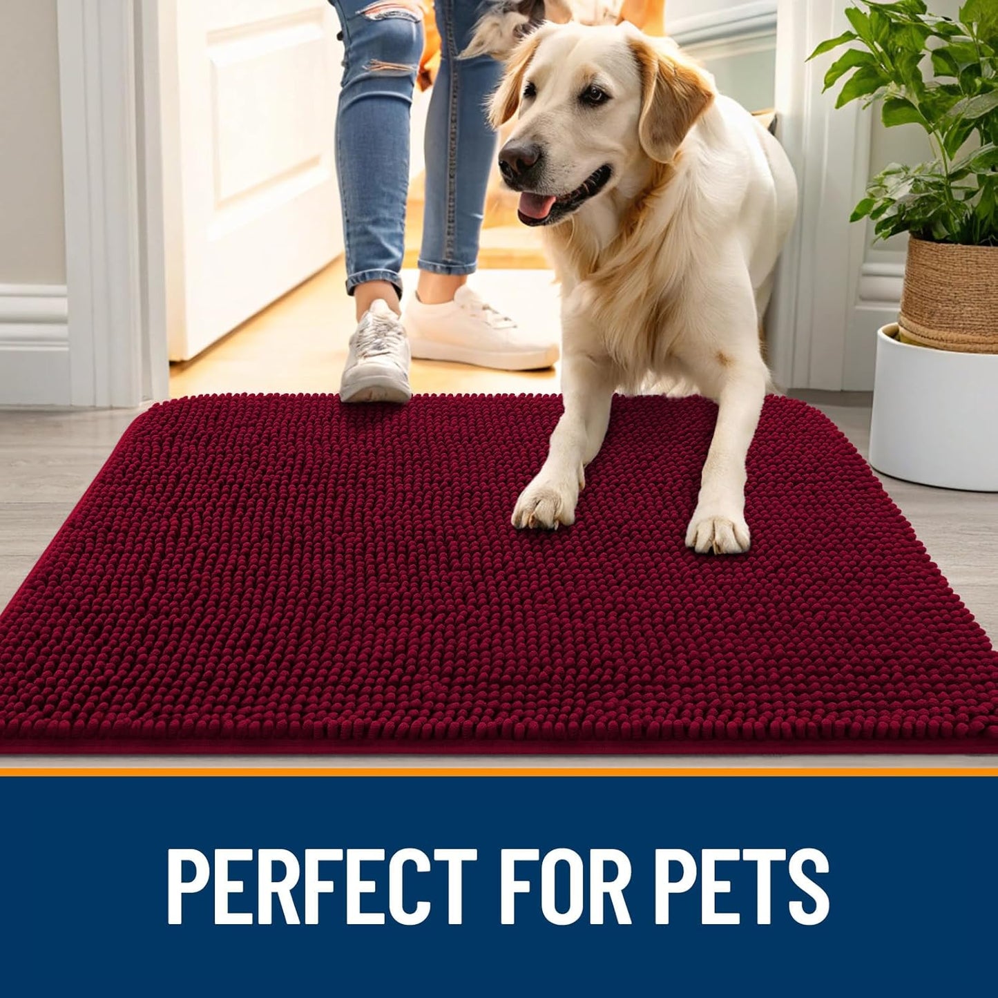 OLANLY Dog Door Mat for Muddy Paws 30x17, Absorbs Moisture and Dirt, Absorbent Non-Slip Washable Doormat, Quick Dry Chenille Mud Mat for Dogs, Entry Indoor Entryway Carpet for Inside Floor, Burgundy