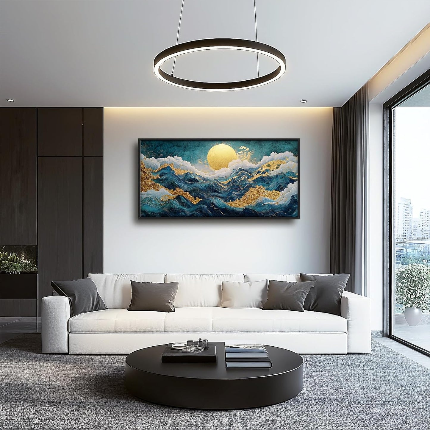 Framed Large Sun Mountain Wall Art, Oversized Teal and Golden Sun Wall Decor for Living Room, Abstract Landscape Canvas Painting Modern Artwork Home Decoration for Living Room Bedroom 60"x30"