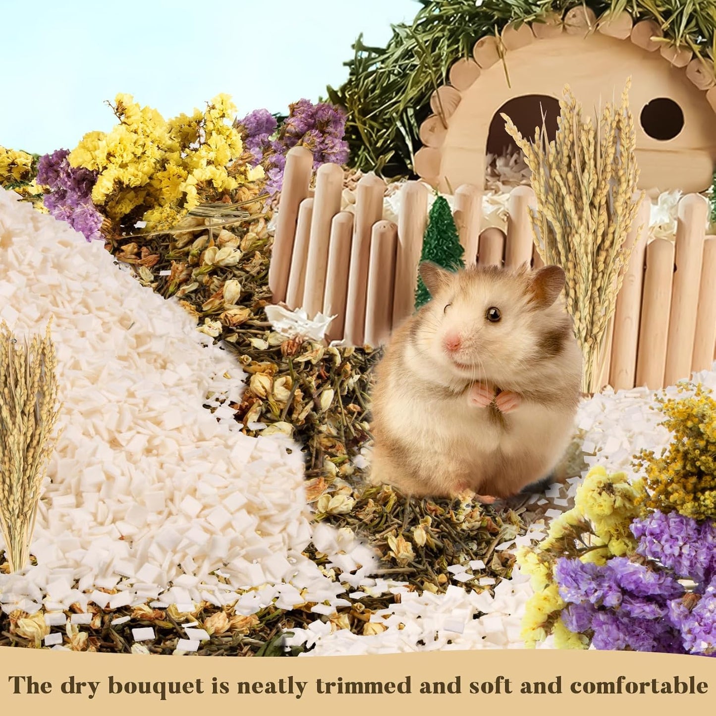 Sukh 60Pcs Nature Flower Herb Hamster Bedding - Cage Enclosure Habitat Decor Mate Small Animal Natural Ear of Grain Sprays for Syrian Dwarf Hamsters Gerbils Rabbit Other Pets
