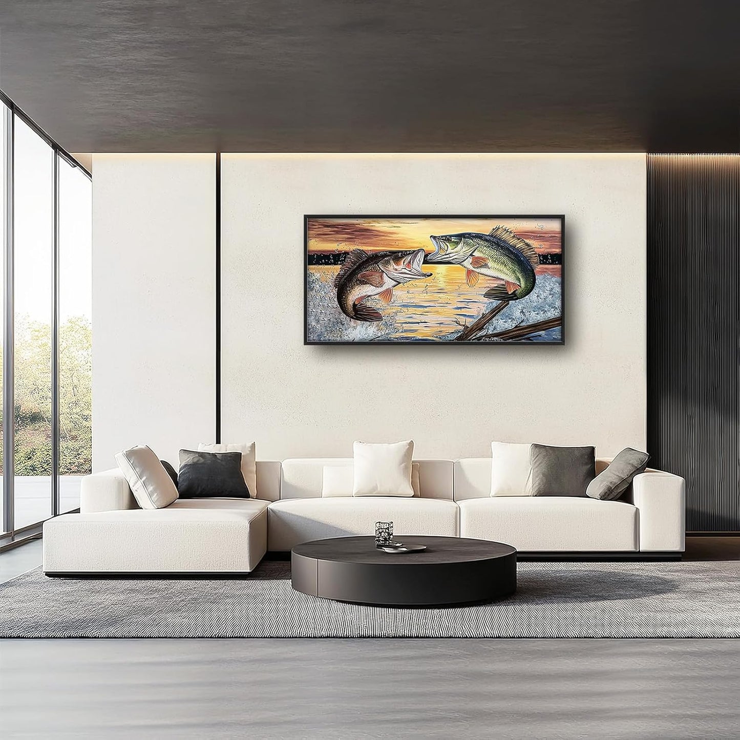 Large Fish Wall Art for Living Room, Framed Bass Fishing Wall Decor, Oversized Rustic Sunset Lake Canvas Painting Fish Pictures Modern Artwork Home Decoration for Living Room Bedroom Office 60"x30"