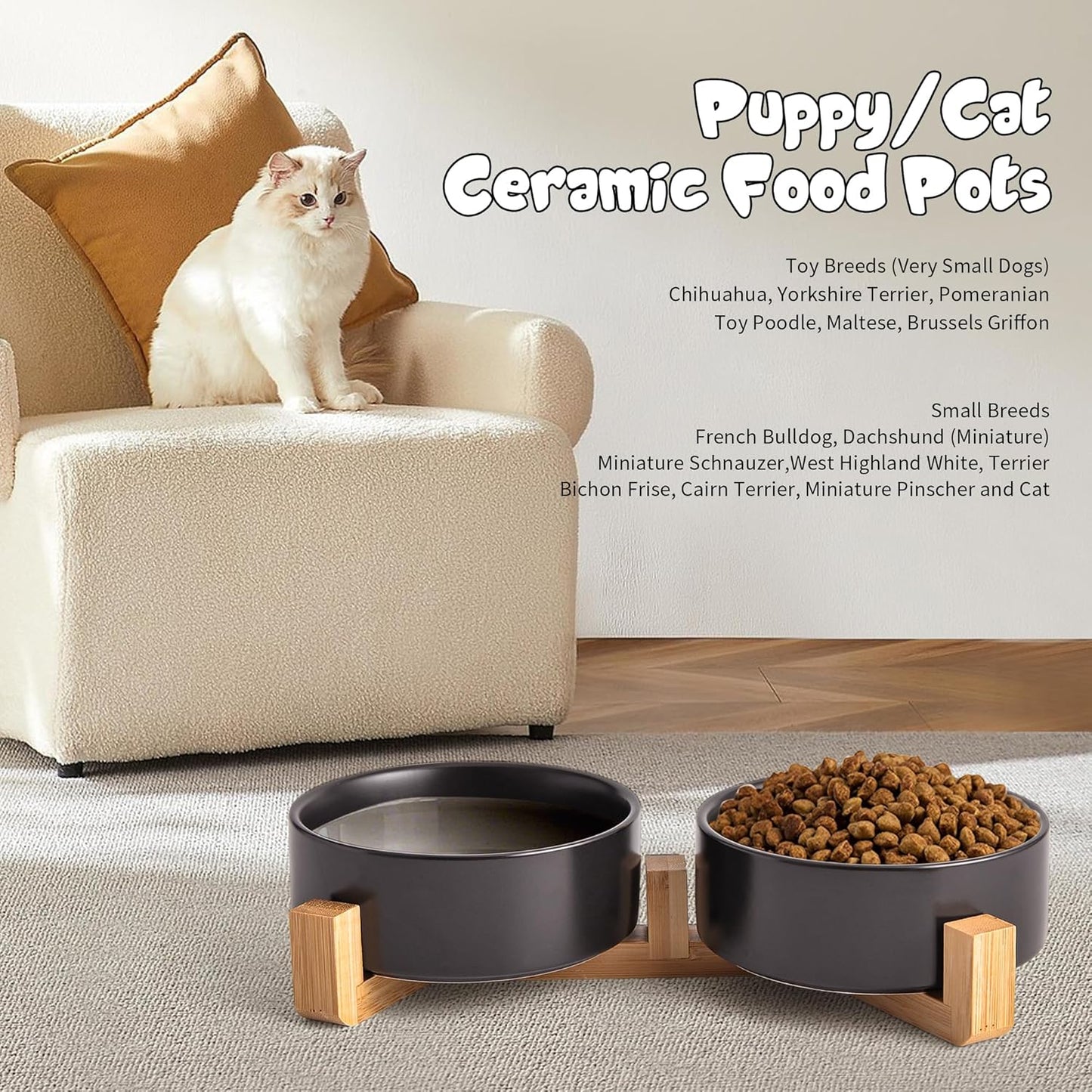 Black Ceramic Dog & Cat Bowl Set – 13.5 OZ with Wooden Stand, Non-Slip, Elevated Design for Small Dogs & Cats – 2 Bowls (Food & Water, Ceramic Pet Bowls, Modern Dog Bowls)