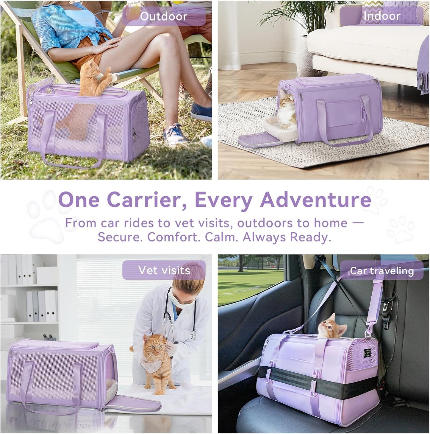 PETSFIT Soft-Sided Cat Carriers & Car Seats with Patent Safe Buckles, Clip-On Harness, 18"x11"x11" Airline Approved Pet Carrier - 9 lbs Capacity (Purple)