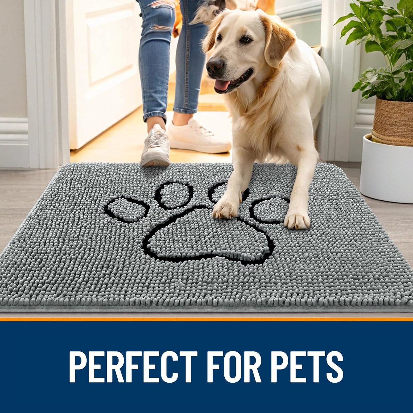 OLANLY Door Mat for Muddy Dog Paws 70x46, Ultra Absorbent Chenille Mud Doormat with Paw Print Design, Non-Slip Washable Doormat for Indoor Entryway, Quick-Dry Pet Bed Mats for Dirty Dogs, Grey