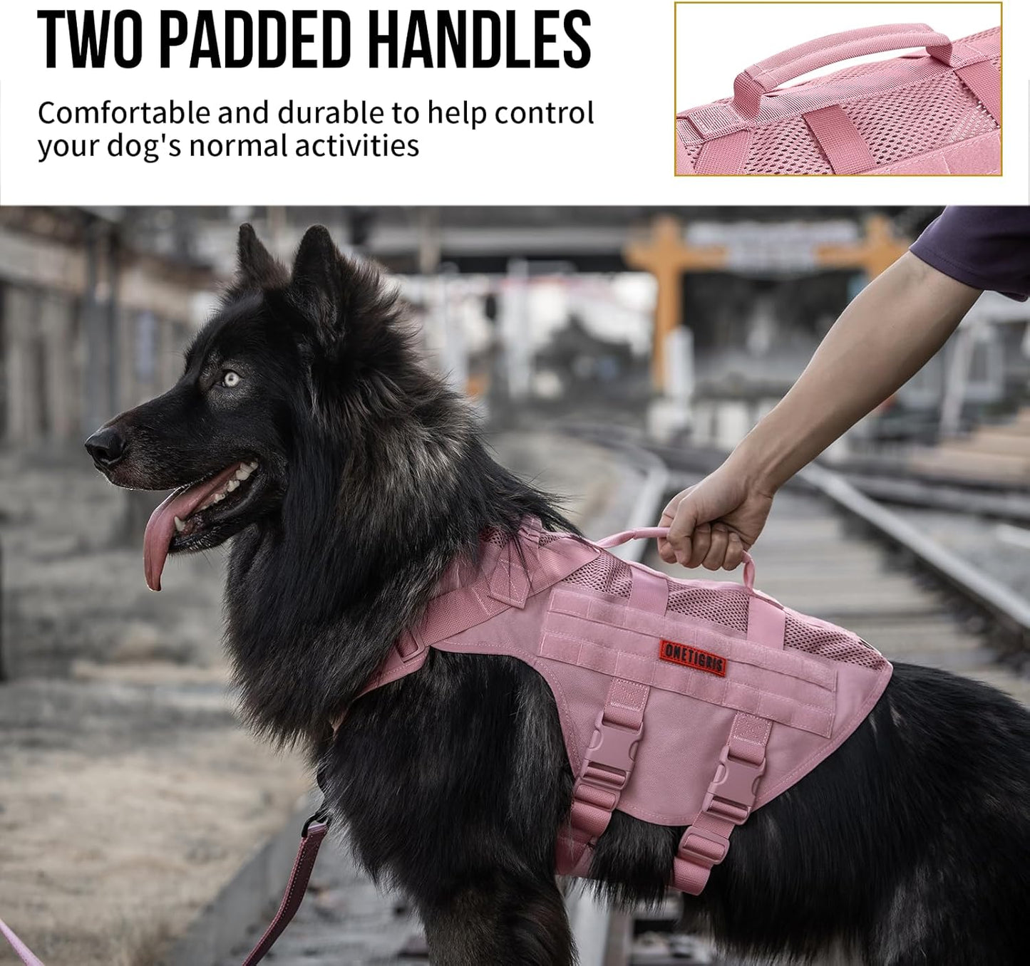 OneTigris Tactical Dog Harness for Small Dogs, No Pull Small Dog Vest Harness with Handles Breathable Military Dogs Molle Vests, Harness for Walking Hiking Training (Pink, XS)