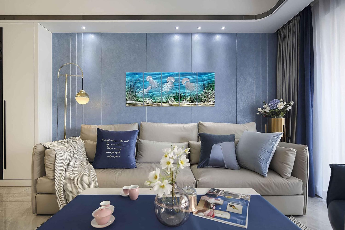 SYGALLERIER Coastal Metal Wall Art Handcrafted 3D Jelly Fish Aluminum Artwork Modern Sea World Pictures Contemporary Abstract Sculpture for Living Room Bedroom Bathroom Decor