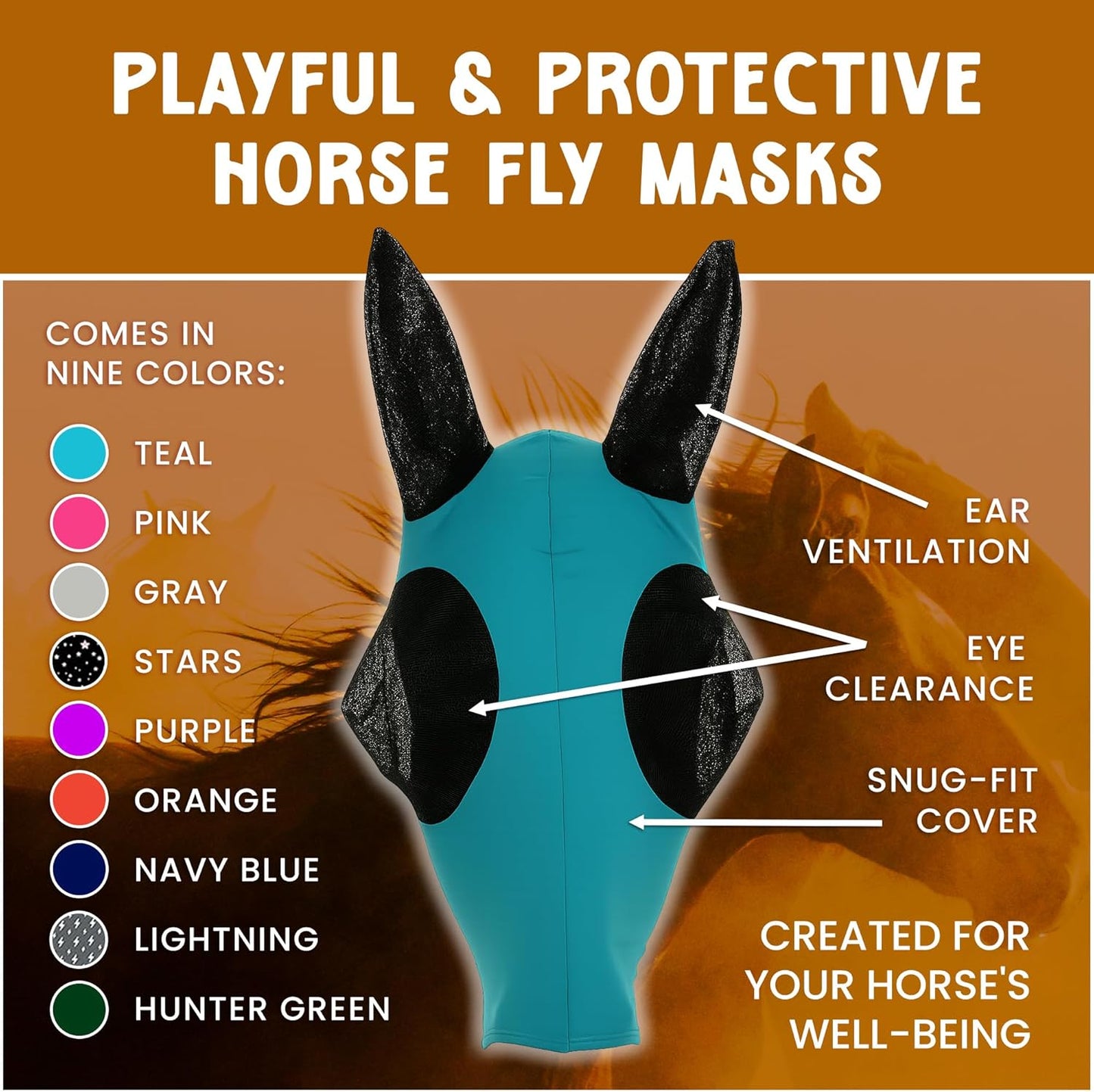 Horse Fly Mask - Durable Equine Fly Mask with Full Coverage for Eye & Ear - Stretchable UV & Sun Protection Flymask for Horses, Ponies & Mini Horses - Horse Face Cover for Pasture & Trail - Orange