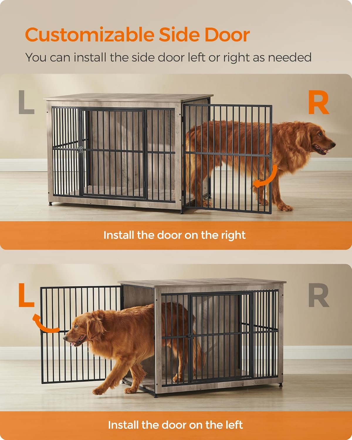 Feandrea Dog Crate Furniture, 43.3" Side End Table, Modern Kennel for Dogs Indoor up to 80 lb, Heavy-Duty Dog Cage with Enclosed Base, Double-Door Dog House, Greige UPFC024G01