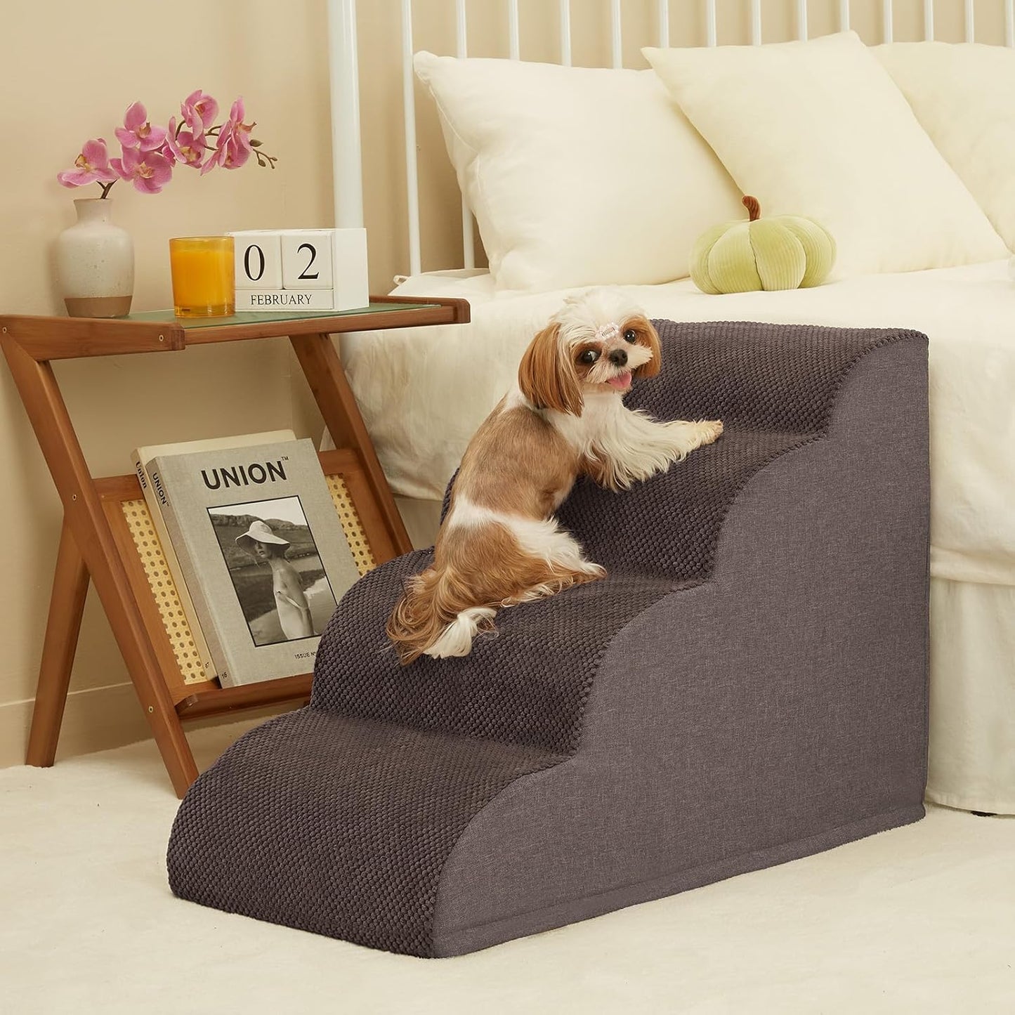 ROMROL Dog Stairs, Romrol Dog Steps Ramp for High Bed and Couch, Dog Ramp with Durable Non-Slip Waterproof Fabric Cover, Pet Stairs for Small Dogs and Cats or Pets Joints, 4-Tiers,Coffee