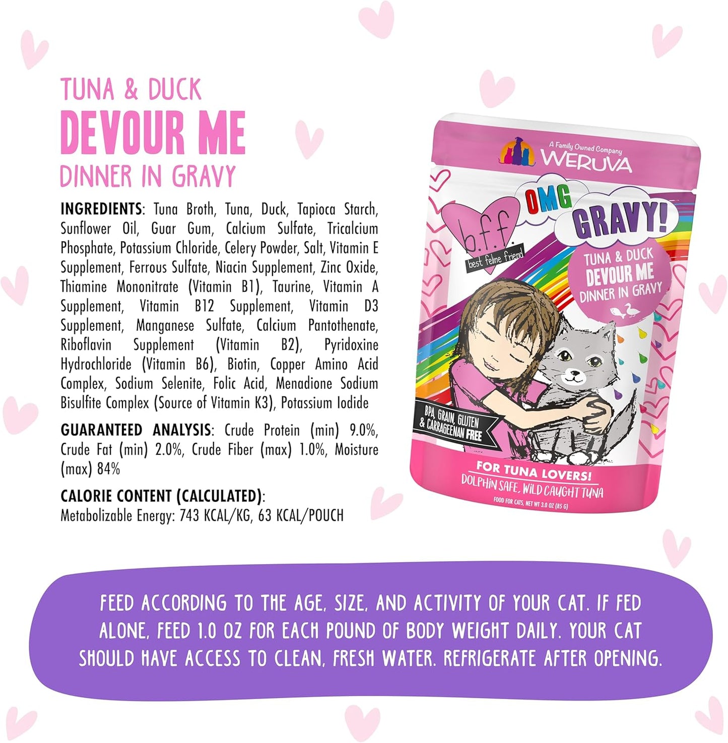 Weruva B.F.F. OMG - Best Feline Friend Oh My Gravy!, Tuna & Duck Devour Me with Tuna & Duck in Gravy Cat Food, 3oz Pouch (Pack of 12)
