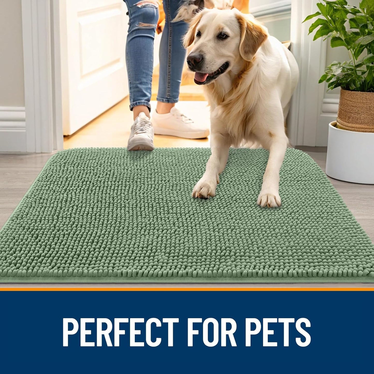 OLANLY Dog Door Mat for Muddy Paws 30x20, Absorbs Moisture and Dirt, Absorbent Non-Slip Washable Doormat, Quick Dry Chenille Mud Mat, Entry Indoor Entryway Carpet for Inside Floor, Olive Green