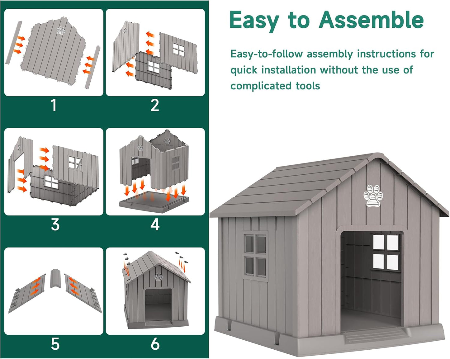 Vixzen 38in Large Outdoor Dog House,Durable Water Resistant Resin Dog House,Doghouse for Small to Large Dogs Indoor or Outside,with Air Vent and Elevated Floor,Gray