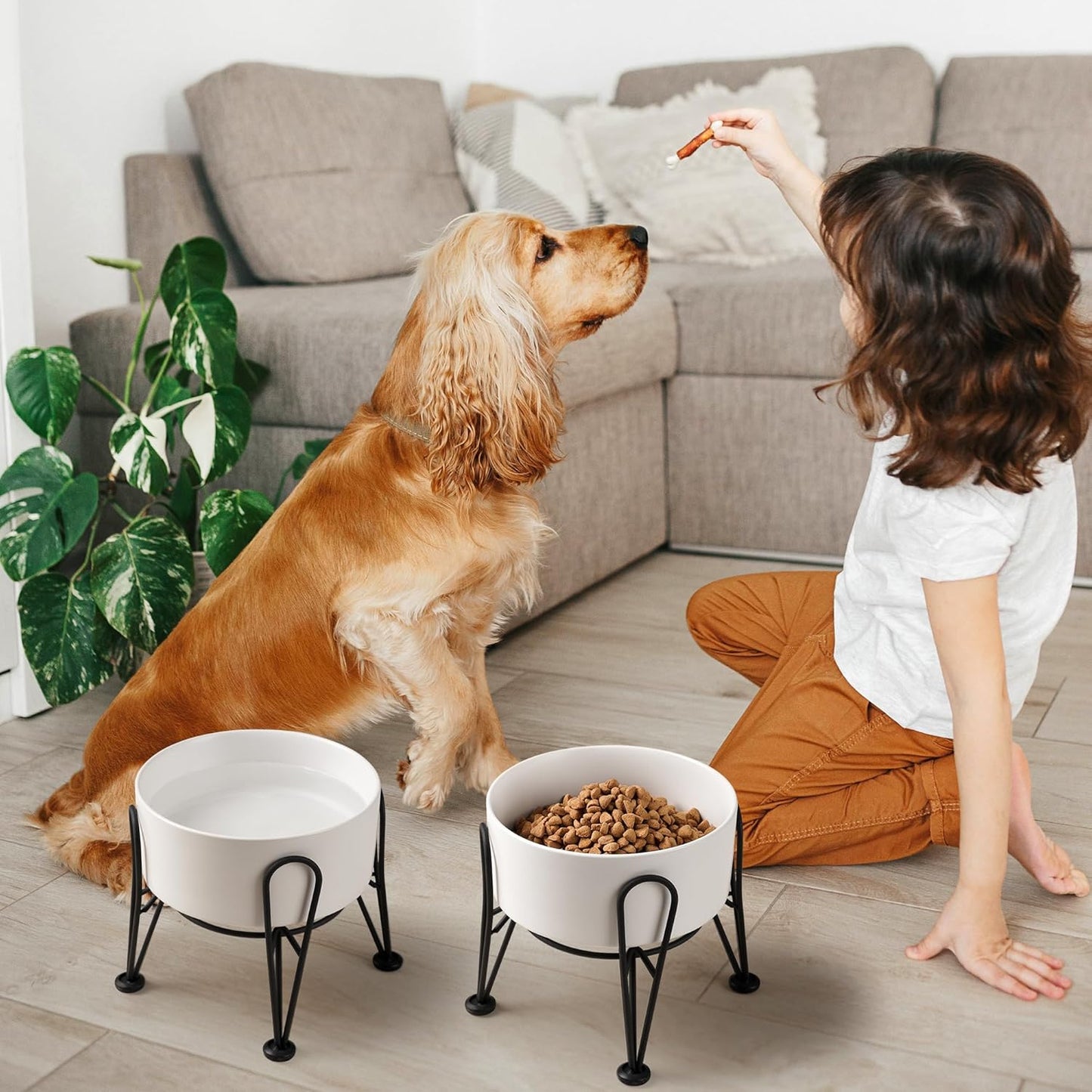 Elevated Dog Bowls, Ceramic Raised Dog Bowl Set with Anti-Slip and Non-Tip Metal Stand, 2 Pack Pet Food and Water Feeding Bowls for Small and Medium Dogs (White,7.6 Cups)
