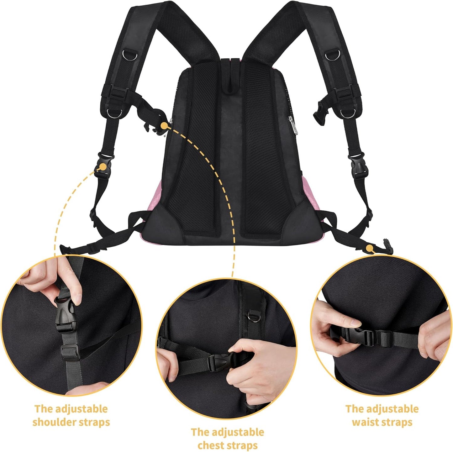 WOYYHO Pet Dog Carrier Backpack Small Dog Front Backpack Ventilated Mesh Dog Travel Back Pack with Safety Belt for Travel Hiking Cycling Outdoor Adventures (Size L: 10-14 lbs, Pink)