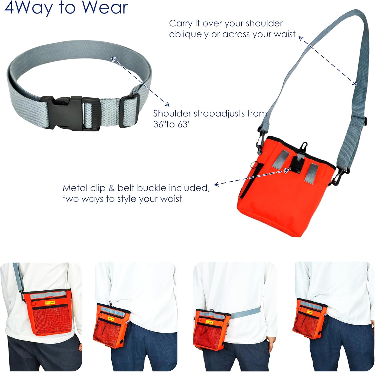 Dog Treat Pouch with Magnetic Closure 4-Cup Silicone Bag Fanny Pack Holder with Clicker 4 Ways to Wear Front Pocket Fits All Phones Ideal for Leash, Pet Walking and Training(Orange)