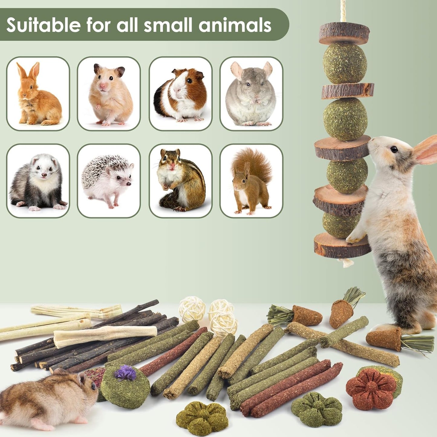 ERKOON Bunny Toys Boredom, 42 PCS Bunnies Timothy Hay Sticks Carrots Rose Grass Cake Dental Care, Molar, Chinchillas Toy Chew Toy, Guinea Pigs, Hamsters, Chinchilla, Rabbit Chew Toys for Teeth