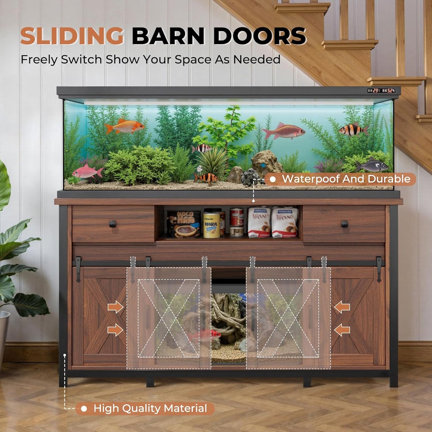 Miereirl 75-120 Gallon Fish Tank Stand with Power Outlet – Heavy Duty Aquarium Stand, Rustic Farmhouse Style, 1000 lb Capacity, Adjustable Storage & Sliding Barn Doors, Light Brown