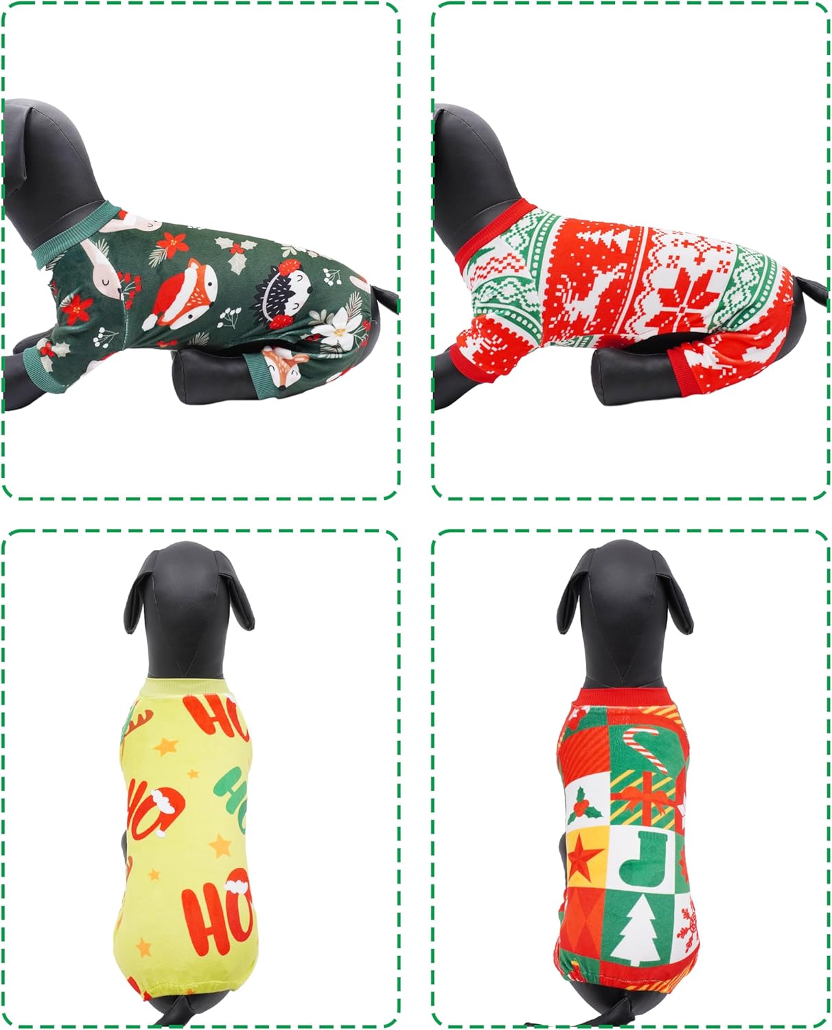 PET SHOW 4 Pack Christmas Small Dog Pajamas Holiday Dog Clothes Doggies Soft Stretchy PJs Xmas Jumpsuit Puppy Cats Girl Boy Onesies Red Green Outfits with Sleeve Pets Dachshund Costume XS