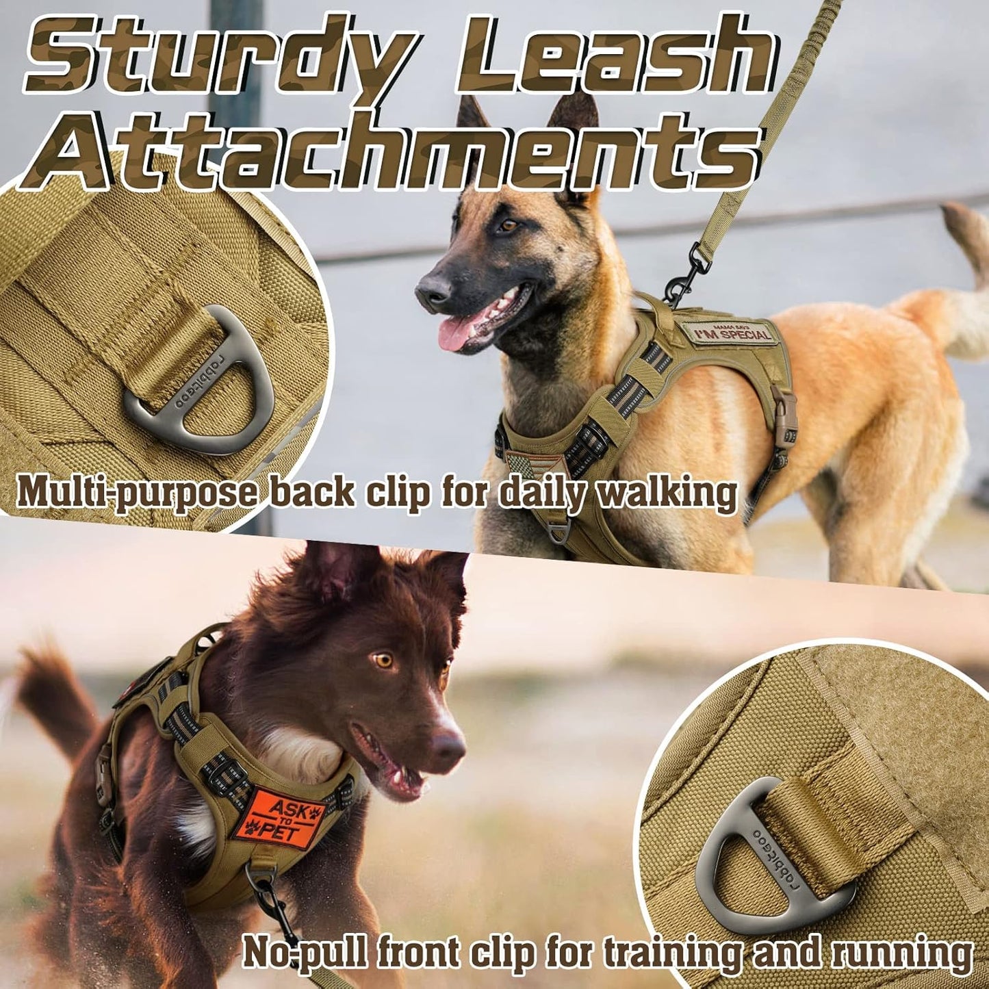 rabbitgoo Tactical Dog Harness for Large Dogs, No Pull Military Service Vest with Handle & Molle, Easy Control for Training Walking, Adjustable Reflective Straps, Brown, L