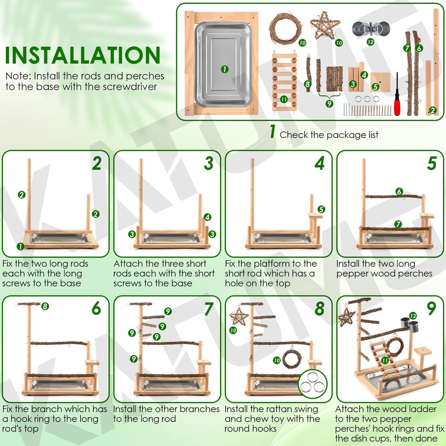 KATUMO Bird Playground - Natural Wooden Perches Parakeet Ladder Conure Swing Bird Cage Accessories with Removable Tray & 2 Stainless Steel Cups