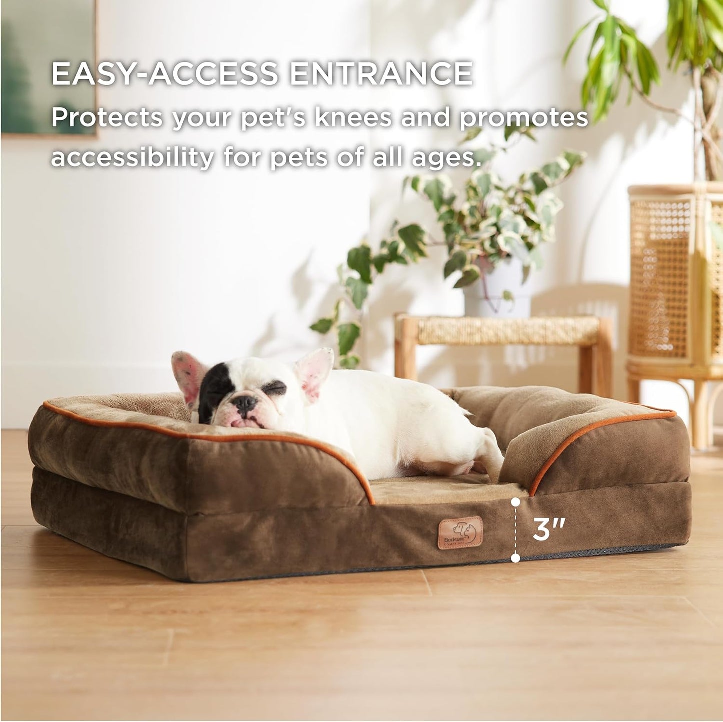 Bedsure Orthopedic Dog Bed Medium Size Dogs - Washable Medium Dog Cat Bed Waterproof, Comfort Pet Couch Sofa with Washable Removable Cover, Pets Bed with Nonskid Bottom, Brown, 28"