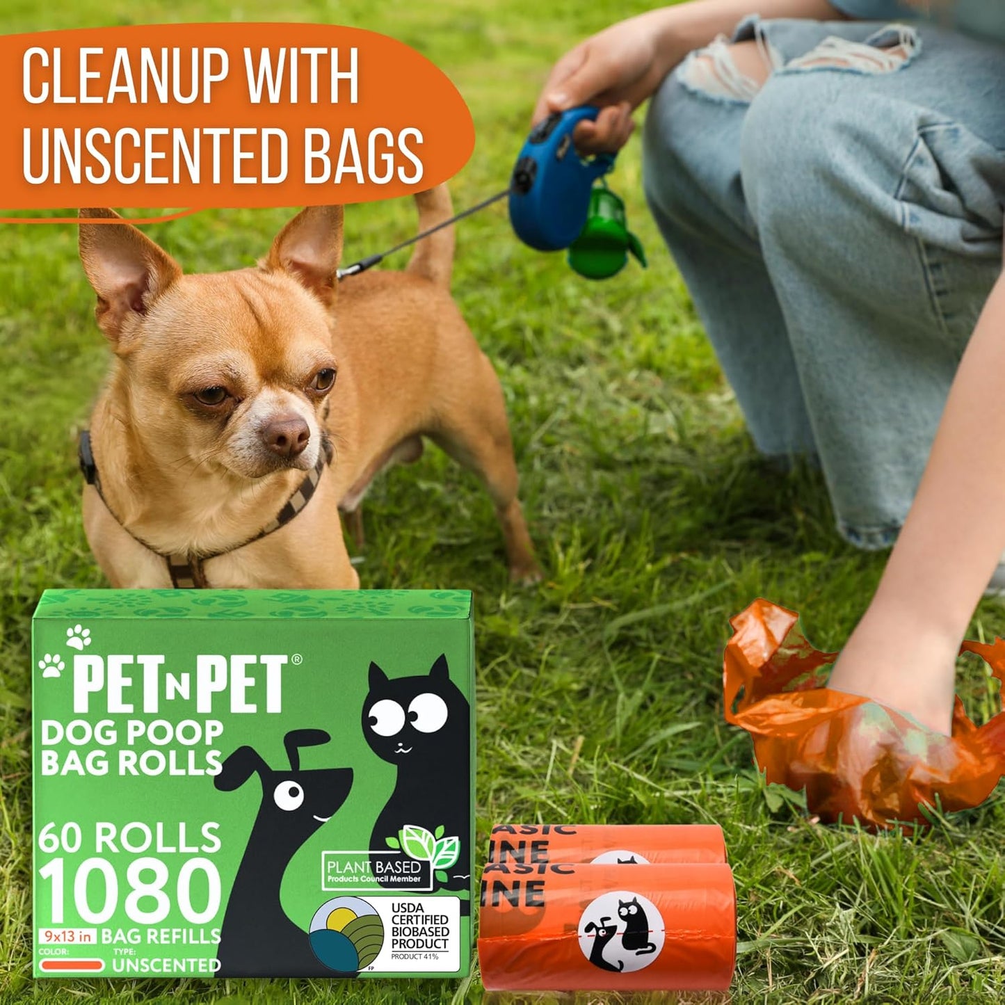 Pet N Pet 1080 Counts Orange Poop Bags for Dogs, 41% Plant Based & 59% PE Extra Thick Dog Poop Bags Rolls, 9" x 13", Unscented Pet Waste Bag