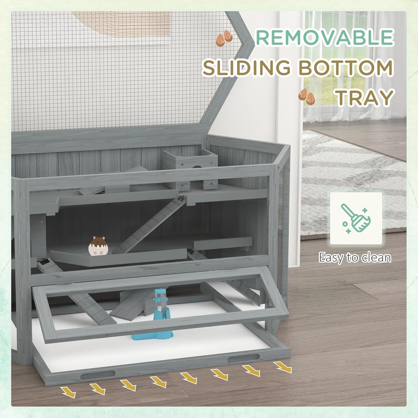 PawHut Wooden Large Hamster Cage Small Animal Exercise Play House 3 Tier with Tray, Seesaws, Water Bottle, Activity Center, Gray